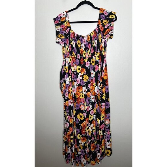 Torrid Dress Floral Maxi Challis Off Shoulder Ruffle Layered Smocking Size 1X - Picture 1 of 14